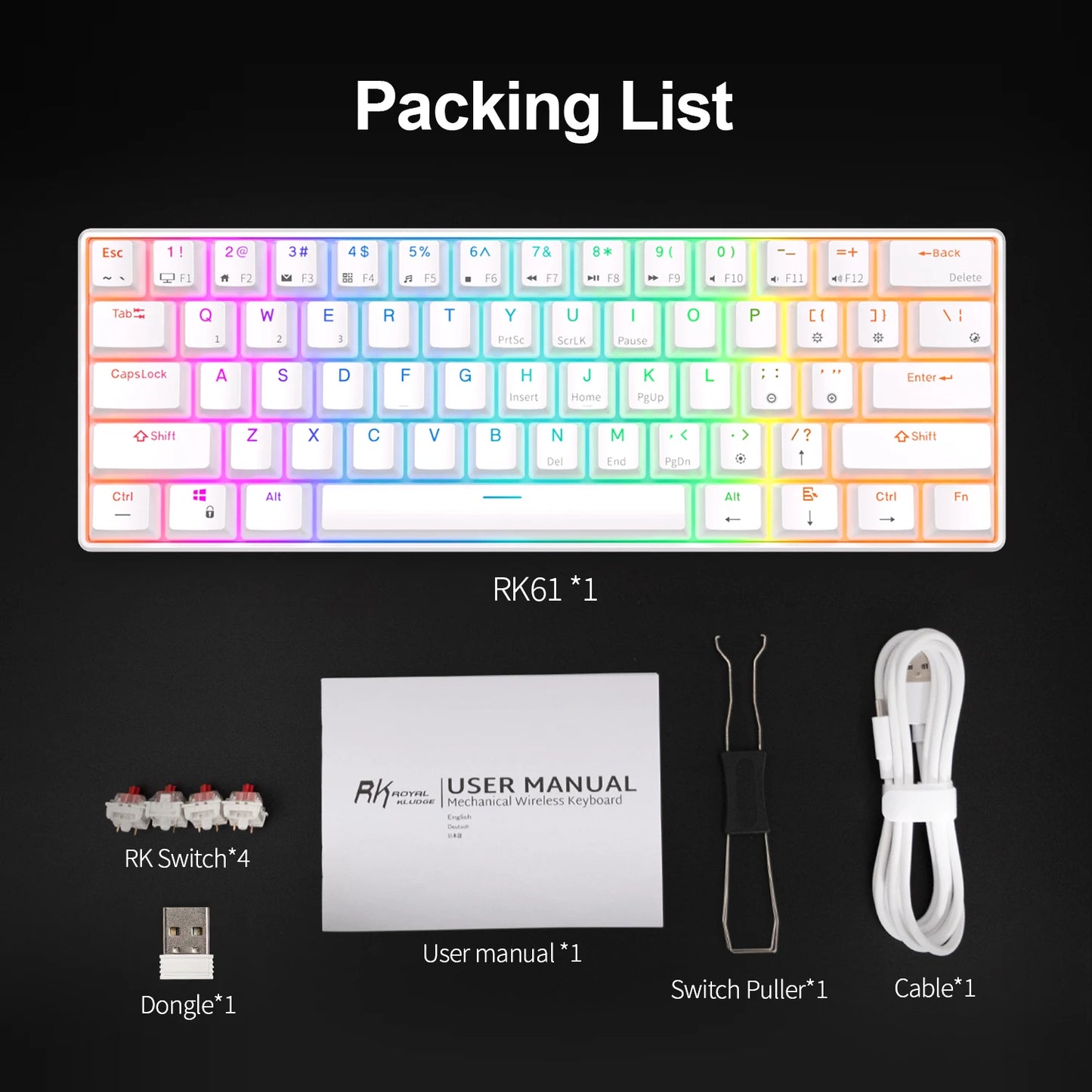 RK RK61 2.4G Wireless Bluetooth Mechanical Keyboard Tri-Mode 61 Keys RGB Backlit Mini Hot-Swappable Gamer Keyboard
