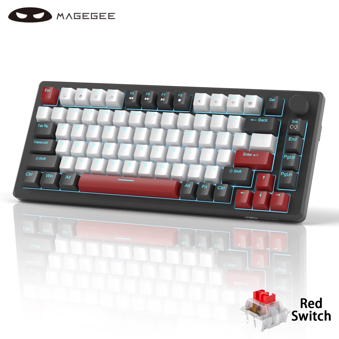 75% Mechanical Gaming Keyboard with Knob Control, Blue Backlit Wired Gaming Keyboard Red/Yellow Switch for PC Windows