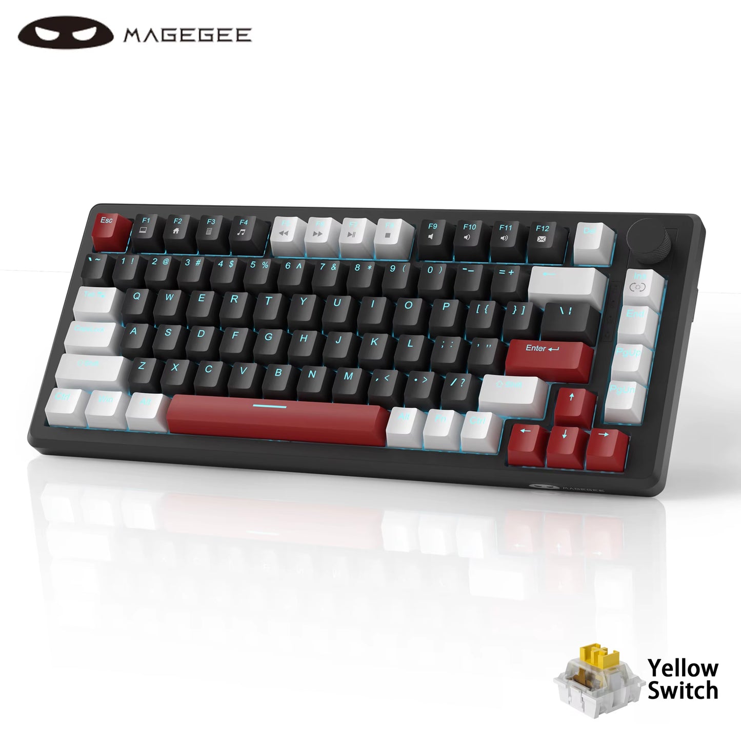 75% Mechanical Gaming Keyboard with Knob Control, Blue Backlit Wired Gaming Keyboard Red/Yellow Switch for PC Windows