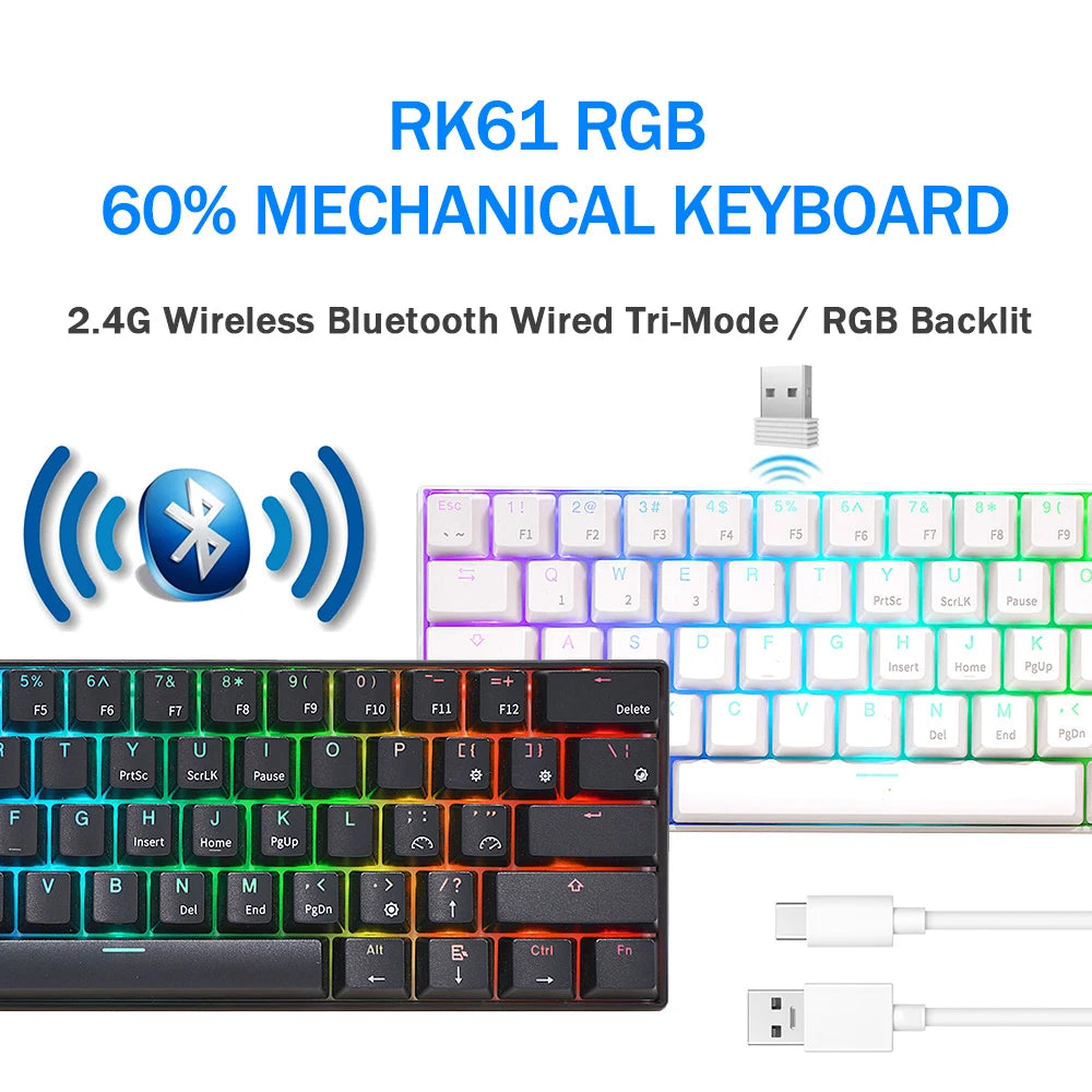 RK  RK61 2.4G Wireless Bluetooth Mechanical Keyboard Tri-Mode 61 Keys RGB Backlit Mini Hot-Swappable Gamer Keyboard