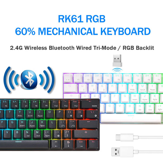 RK  RK61 2.4G Wireless Bluetooth Mechanical Keyboard Tri-Mode 61 Keys RGB Backlit Mini Hot-Swappable Gamer Keyboard